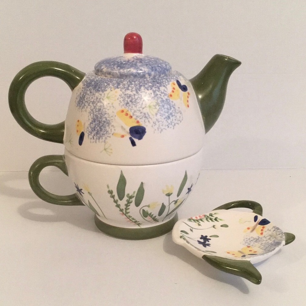 Stacked Butterfly Teapot, Lid, Cup & Spoon Rest. 4pc. NEW